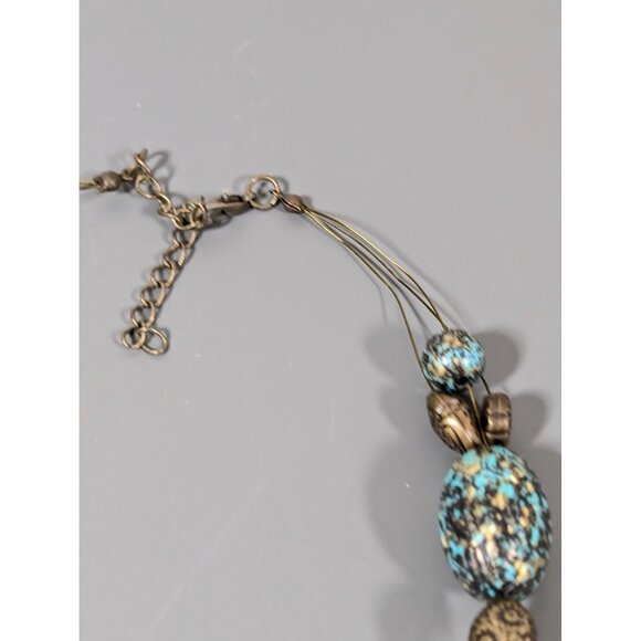 Bronze Tone Green Patina Faux Stone Statement Necklace 20" Tribal Boho - Picture 6 of 9